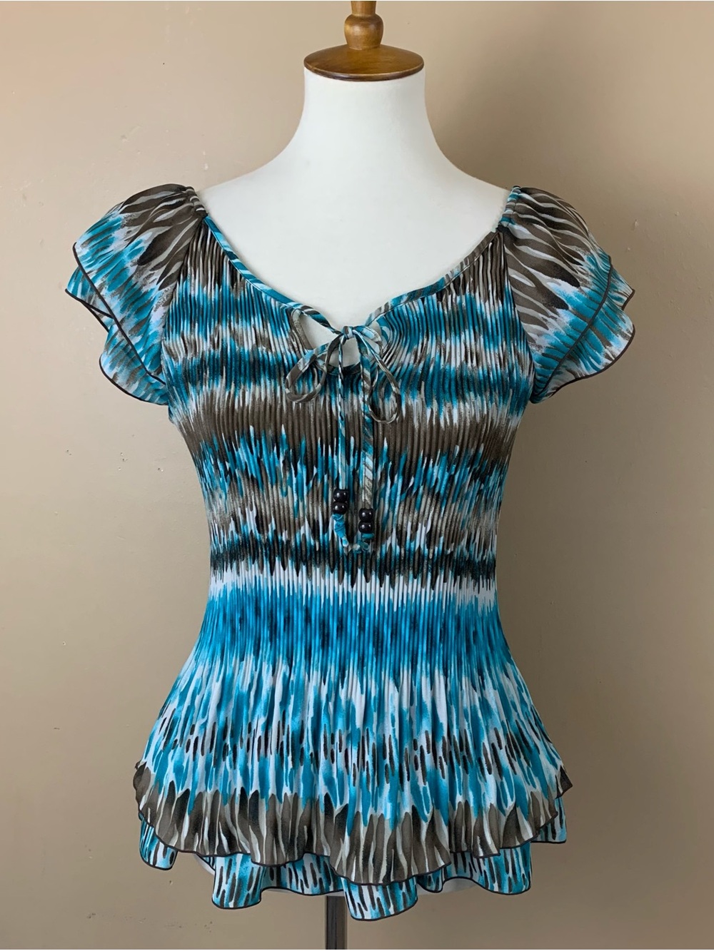 Dressbarn Top Womens Medium Teal Brown Pleated Stretch Ruffle Sleeve Vintage Y2K